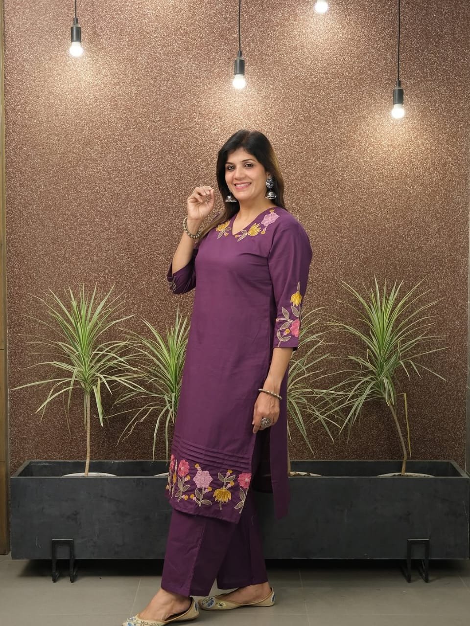 Purple Cotton Embroidered Kurta Pant Set